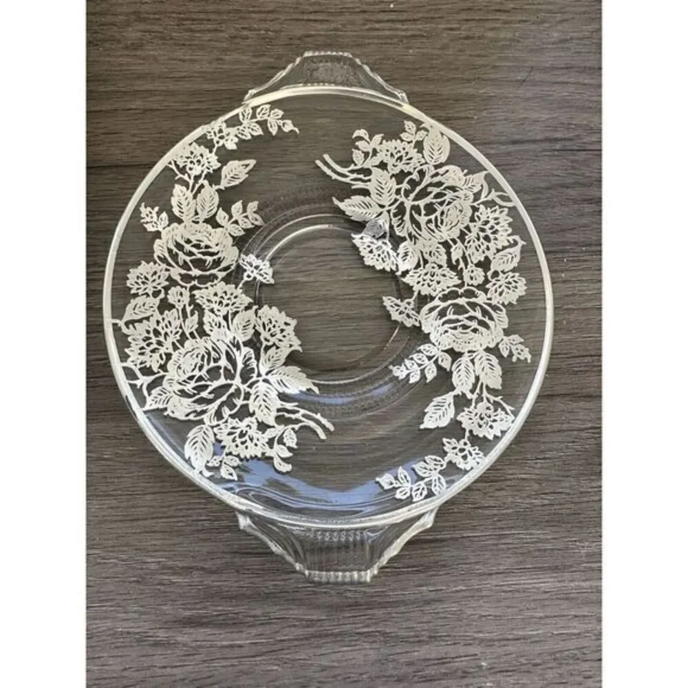 Vintage Floral‎ Leaf Silver Overlay Glass Plate W/Handles Silver Trim 8
